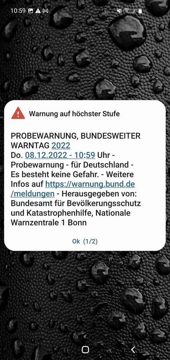 So sah die Push-Nachricht zur Probe am bundesweiten Warntag 2022 aus.