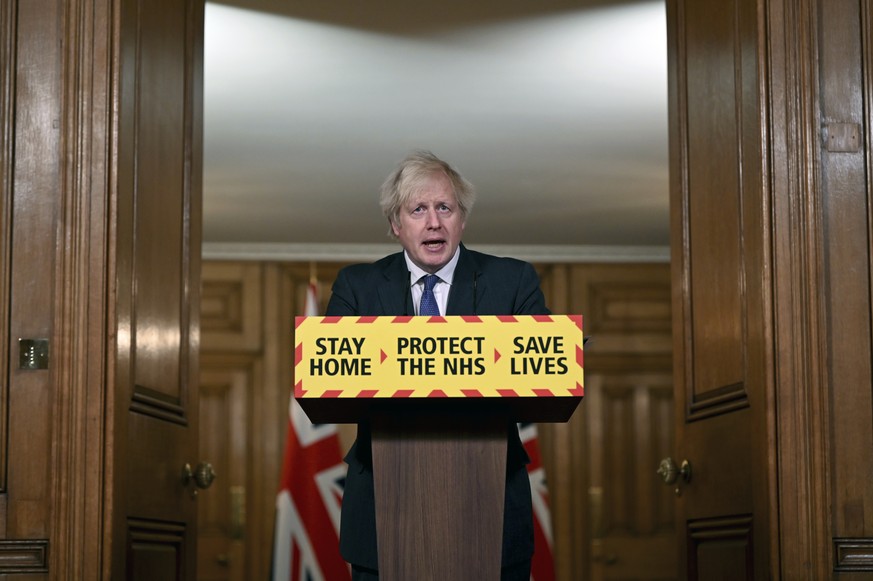 Britain&#039;s Prime Minister Boris Johnson speaks during a coronavirus press conference at 10 Downing Street in London, Friday Jan. 22, 2021. Johnson announced that the new variant of COVID-19, which ...