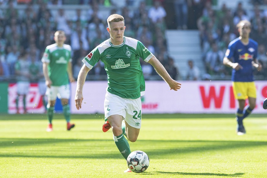 Johannes EGGESTEIN (HB) in Aktion mit Ball; Fussball 1. Bundesliga, 34. Spieltag, letzter Spieltag der Saison, SV Werder Bremen (HB) - RB Leipzig (L) 2:1, am 18.05.2019 in Bremen / Deutschland. DFL re ...