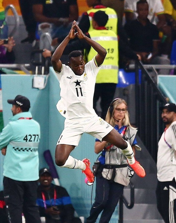 Mandatory Credit: Photo by Michael Zemanek/Shutterstock 13626528dq Osman Bukari of Ghana celebrates his goal, 2-3 Portugal v Ghana, FIFA World Cup, WM, Weltmeisterschaft, Fussball 2022, Group H, Footb ...