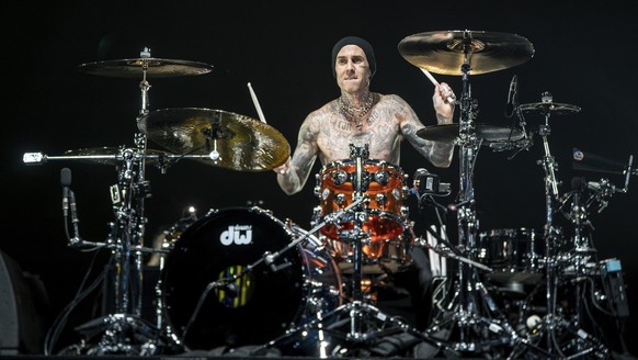 Travis Barker of Blink-182 performs at the Coachella Music and Arts Festival at the Empire Polo Club on Sunday, April 24, 2023, in Indio, Calif. (Photo by Amy Harris/Invision/AP)