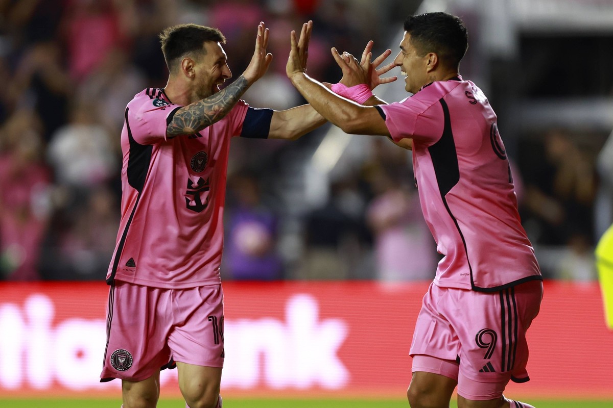 RECORD DATE NOT STATED Concacaf Champions Cup 2024 Inter Miami USA vs Nashville USA - Round of 16 Lionel Messi celebrates his goal 2-0 with Luis Suarez of Inter Miami during the round of 16 second leg ...