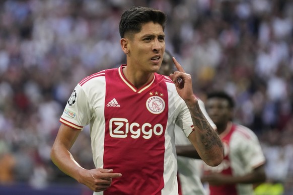 Ajax&#039;s Edson Alvarez celebrates after scoring his side&#039;s first goal during a Champions League group A soccer match between Ajax and Rangers at the Johan Cruyff ArenA in Amsterdam, Netherland ...