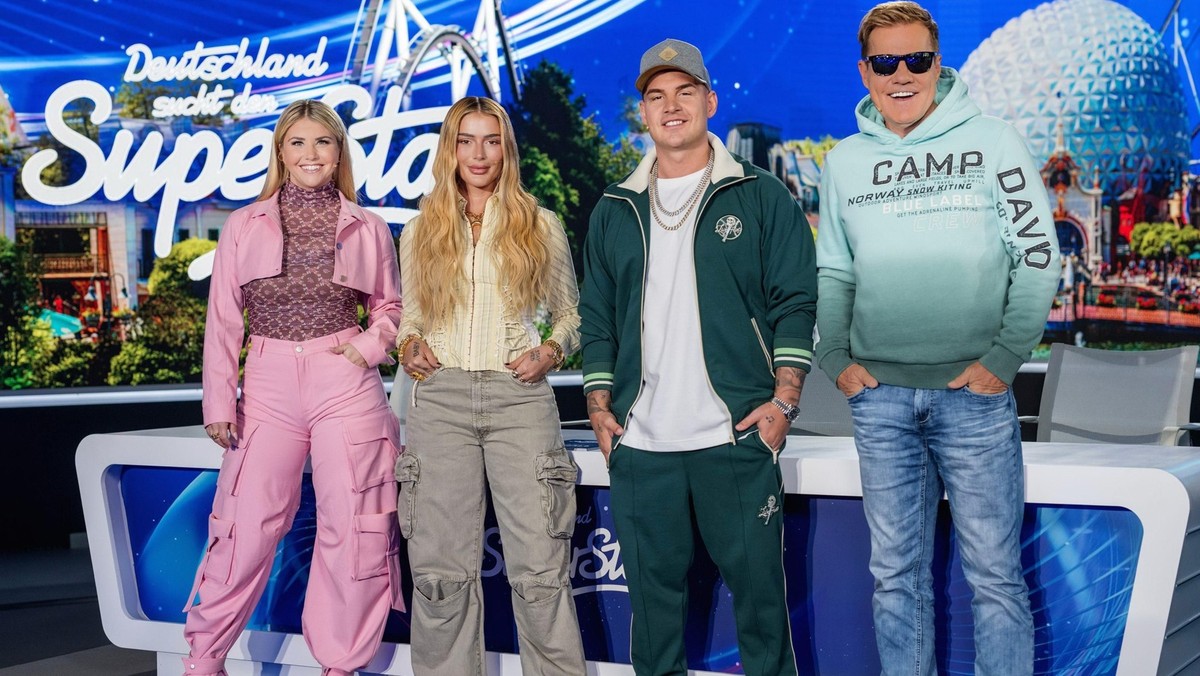 Rust, 25.04.2024: Erster Arbeitstag der Jury für die 21. Staffel von "Deutschland sucht den Superstar" im Europapark in Rust. (v.l.) Schlagersängerin Beatrice Egli, Rapperin Loredana, Sänger ...