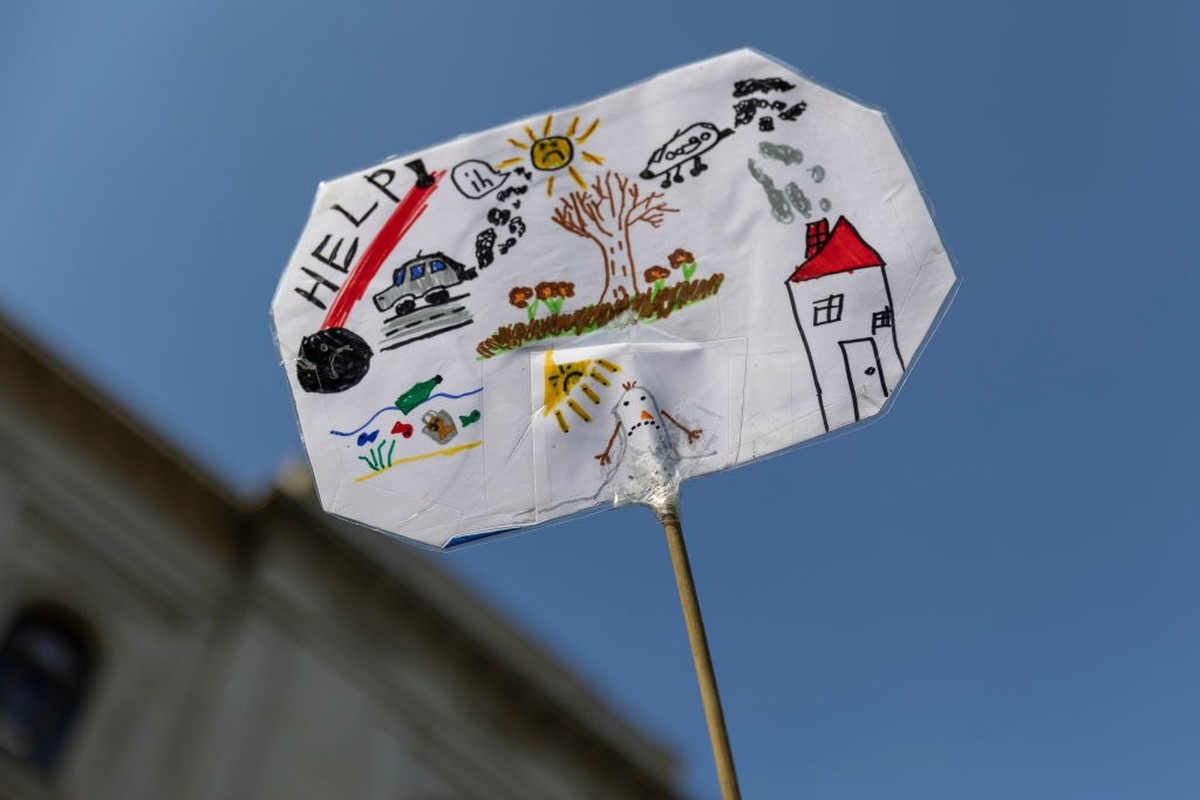 BERLIN, GERMANY - APRIL 21: A poster of Fridays for Future climate activists is seen outside the Transport Ministry before marching to the venue where the pro-business German Free Democrats (FDP) poli ...