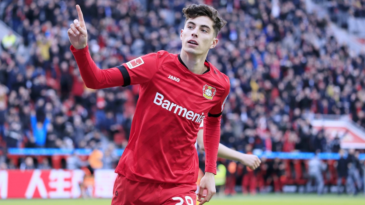 HAVERTZ Kai Team Bayer 04 Leverkusen jubelt nach seinem Tor zum 1 : 0 DFL Fussball Bundesliga Saison 2019 - 2020 Spiel Bayer 04 Leverkusen - Eintracht Frankfurt 4 : 0 am 07. 03. 2020 in Leverkusen DFL ...