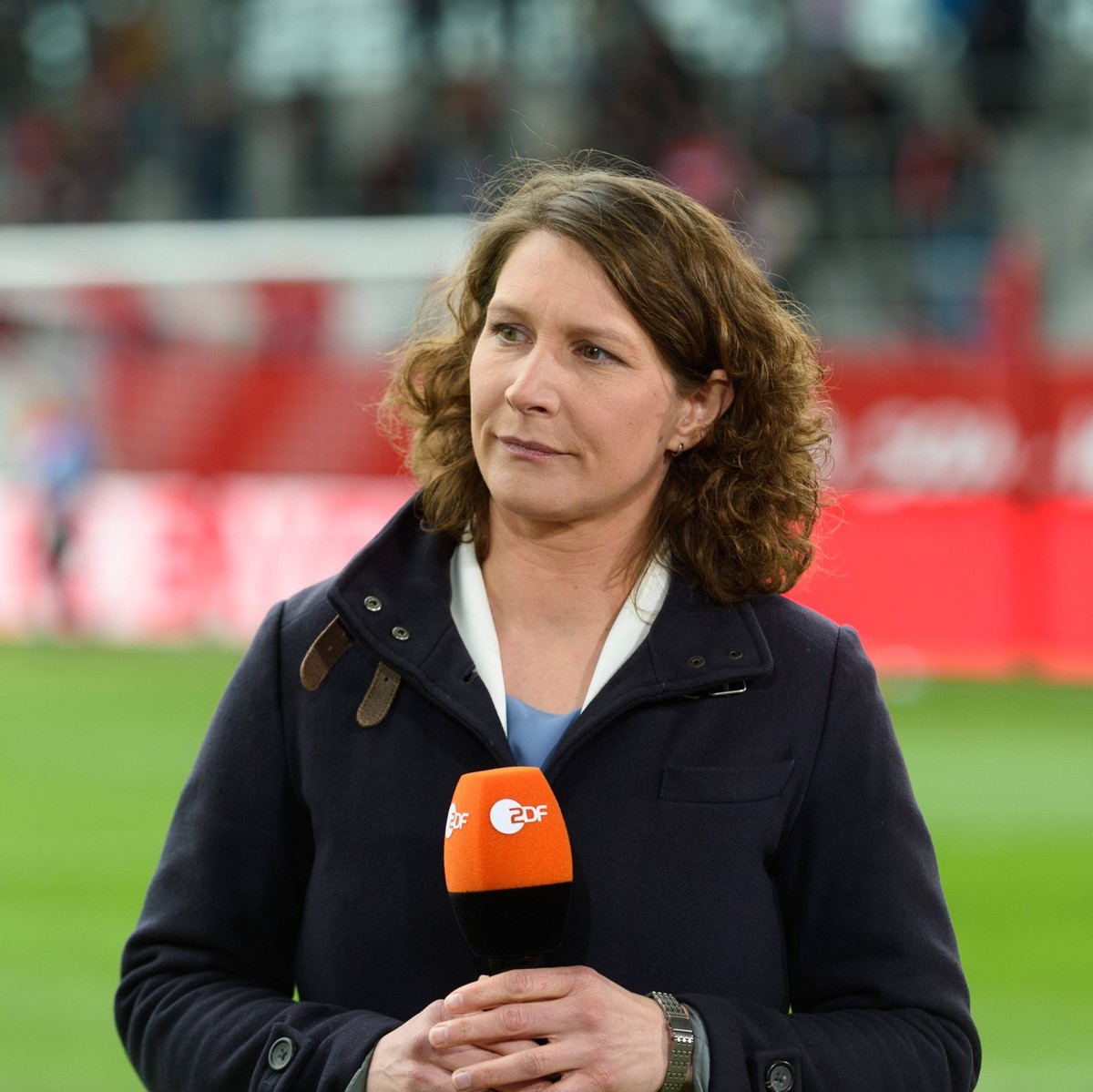Munich, Germany, Apr 17th 2021: TV pundit Kathrin Lehmann with ZDF microphone before the DFB Pokal semifinal match between FC Bayern Munich and VfL Wolfsburg at FC Bayern Campus, Germany. Sven Beyrich ...