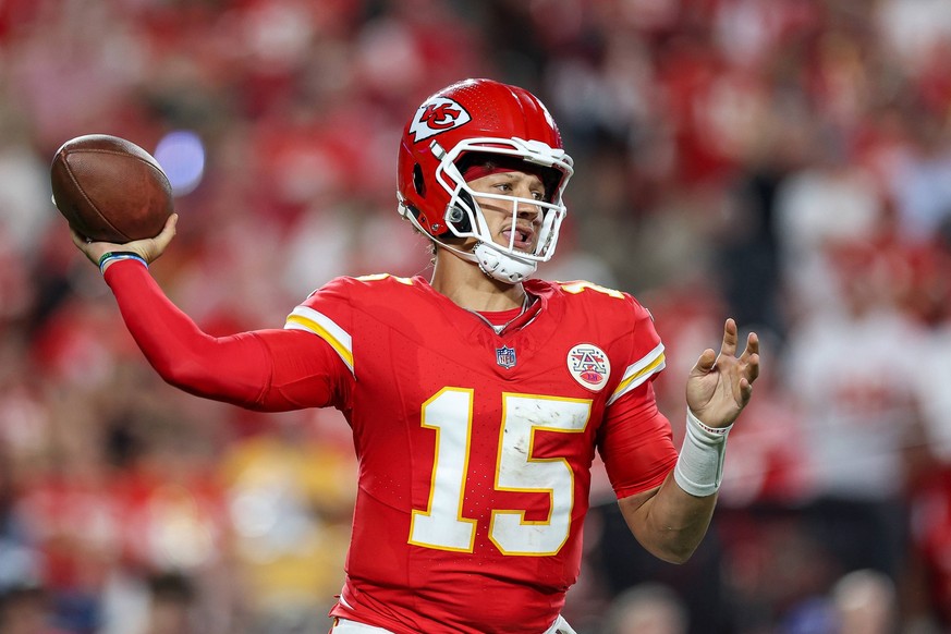September 5, 2024: Kansas City Chiefs quarterback Patrick Mahomes 15 throws a pass during the second half against the Baltimore Ravens at GEHA Field at Arrowhead Stadium in Kansas City, MO. /CSM Kansa ...