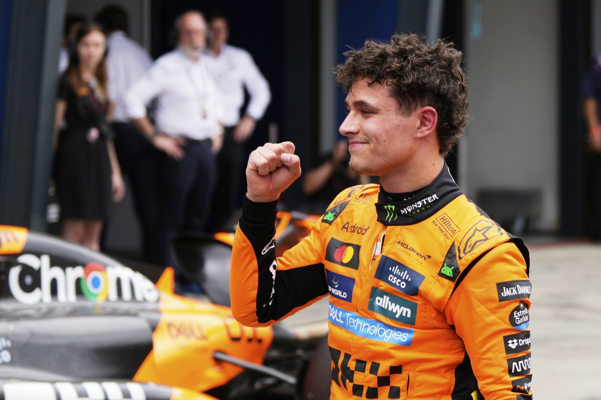McLaren driver Lando Norris of Britain reacts after taking pole position during qualifying at the Australian Formula One Grand Prix at Albert Park, in Melbourne, Australia, Saturday, March 15, 2025. ( ...