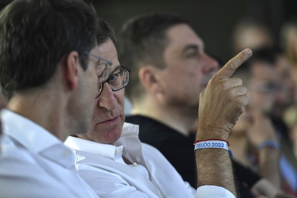 Popular Party candidate Nunez Feijoo takes part at a campaigning meeting in Logrono, northern Spain, Saturday, July 15, 2023. Spain&#039;s elections Sunday will be a battle between two leftist and two ...