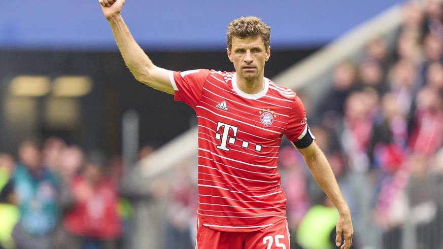 Thomas MUELLER, MÜLLER, FCB 25 in the match FC BAYERN MUENCHEN - FC SCHALKE 04 1.German Football League on May 13, 2023 in Munich, Germany. Season 2022/2023, matchday 32, 1.Bundesliga, FCB, München, 3 ...