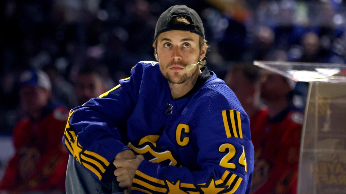 TORONTO, ONTARIO - FEBRUARY 01: Justin Bieber participates in the Tim Horton's NHL All-Star Player Draft at Scotiabank Arena on February 01, 2024 in Toronto, Ontario. (Photo by Dave Sandford/NHLI ...