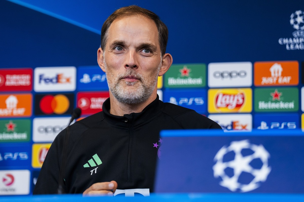 Bayern Munich&#039;s head coach Thomas Tuchel attends a press conference at the Parken stadium in Copenhagen, Denmark, Monday, Oct. 2, 2023. FC Bayern Munich will face FC Copenhagen for a Champions Le ...