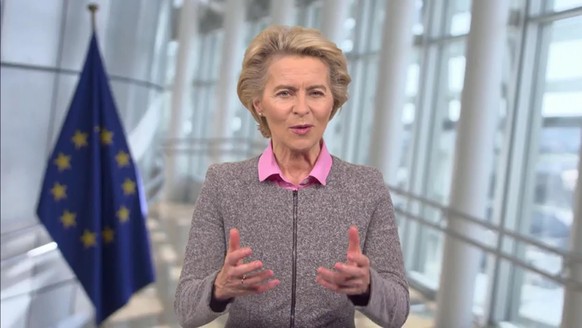 BERLIN, GERMANY - SEPTEMBER 16: In this screengrab, European Commission President Ursula von der Leyen speaks as part of SWITCH GREEN during day 1 of the Greentech Festival at Kraftwerk Mitte aired on ...