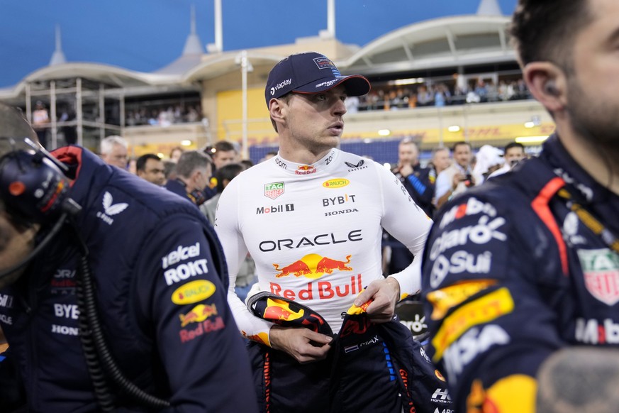 Red Bull driver Max Verstappen of the Netherlands in the pit area during the Formula One Bahrain Grand Prix at the Bahrain International Circuit in Sakhir, Bahrain, Saturday, March 2, 2024. (AP Photo/ ...