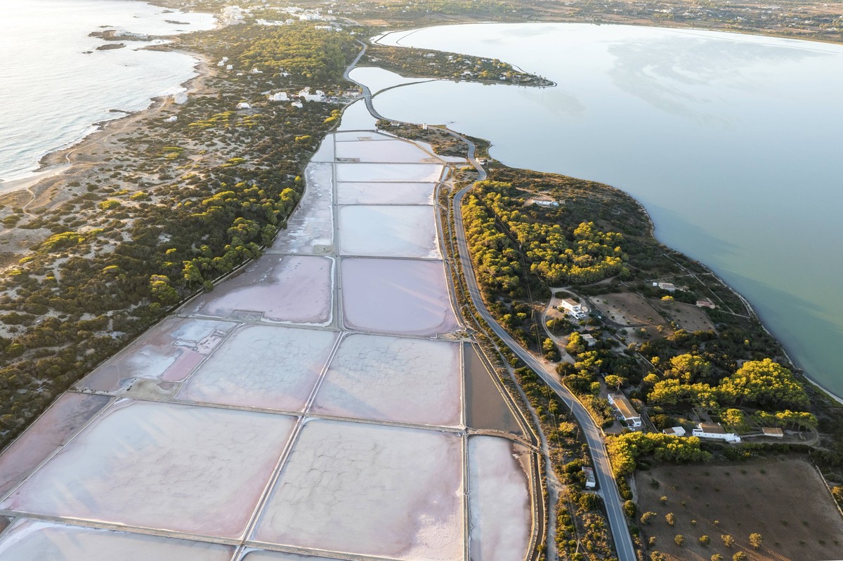 Spain, Balearic Islands, Formentera, Drone view of salt flats in Ses Salines Natural Park, MMAF01481