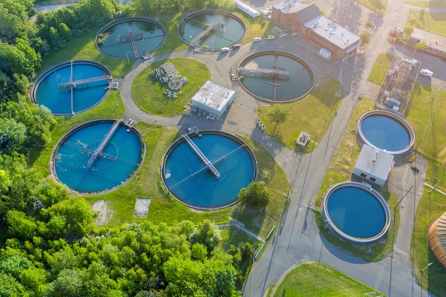 Aerial panoramic view of modern urban wastewater treatment plant water purification is the process of removing undesirable chemicals