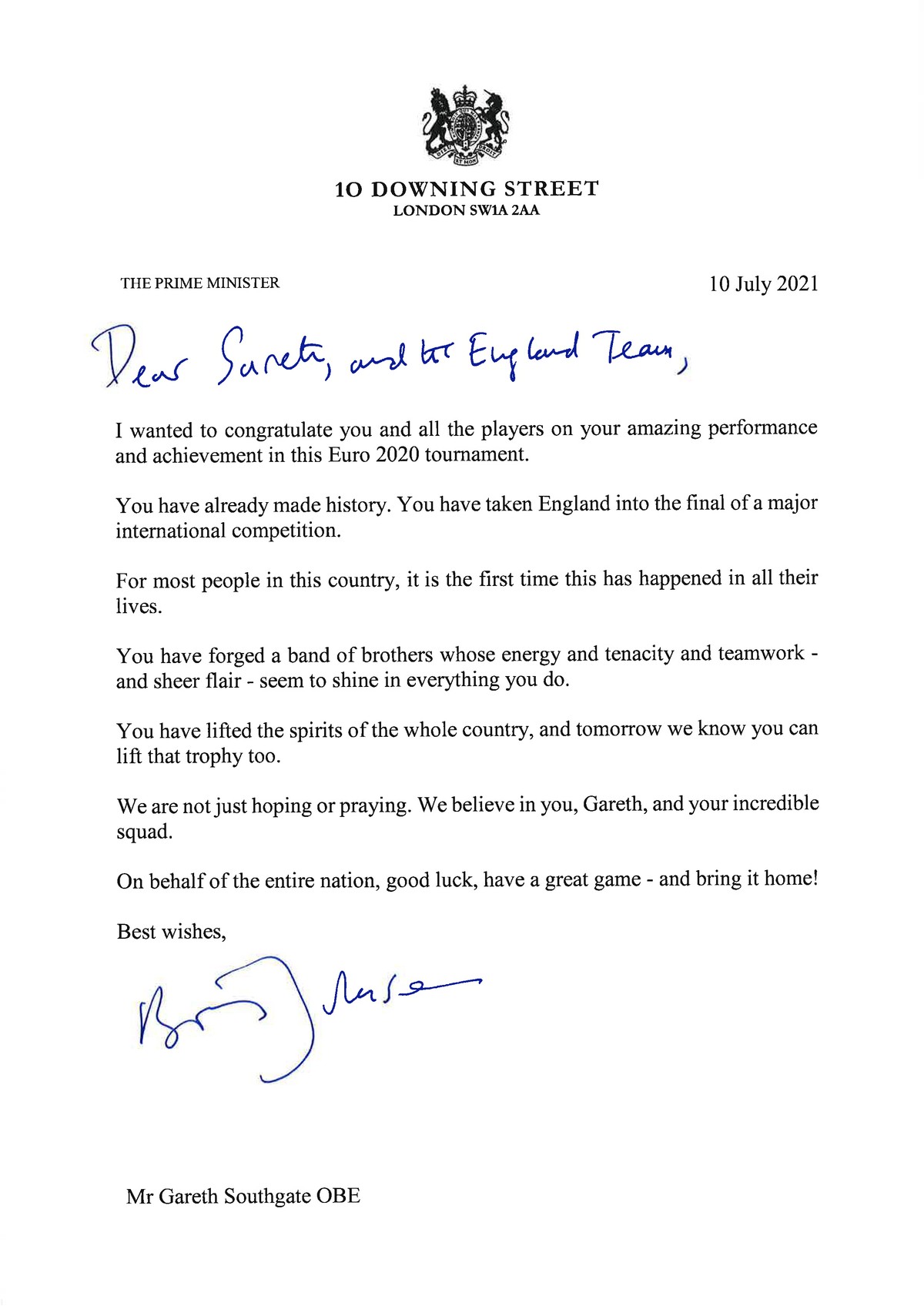 HANDOUT - 10.07.2021, Gro�britannien, London: Das von Downing Street ver�ffentlichte Schreiben von Premierminister Johnson an die englische Nationalmannschaft vor ihrem gr��ten Finale seit 55 Jahren.  ...