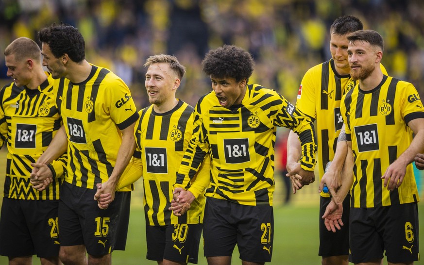 Dortmund, Germany. 07th Mai, 2023. Julian Ryerson BVB, Mats Hummels BVB, Felix Passlack BVB, Karim Adeyemi BVB, Niclas Süle BVB, Salih Özcan BVB Borussia Dortmund - VfL Wolfsburg 07.05.2023 *** Dortmu ...