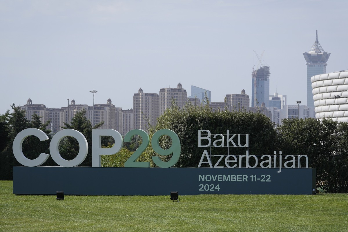 A sign for COP29, the United Nations Climate Change Conference, is on display in Baku, Azerbaijan, Monday, Sept. 16, 2024. (AP Photo/Sergei Grits)