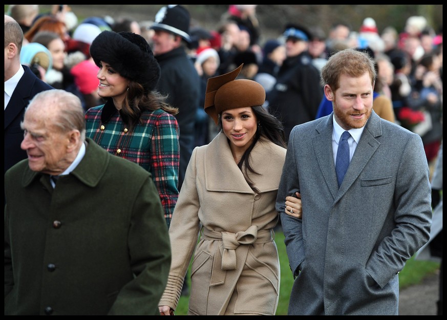 . 25/12/2017. Sandringham , United Kingdom. HM Queen Elizabeth II Christmas Day Church Service. Prince Harry and Meghan Meghan Markle with the Duchess of Cambridge join HM Queen Elizabeth II at St. Ma ...