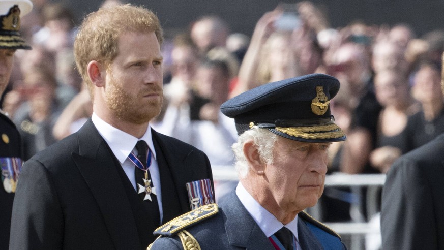 Ceremonial procession of the coffin of Queen Elizabeth II from Buckingham Palace to Westminster Hall where Her Majesty will lie in state Featuring: Prince Harry, King Charles III Where: London, United ...