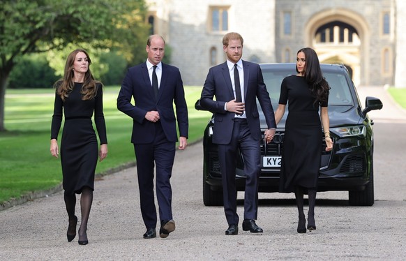 WINDSOR, ENGLAND - SEPTEMBER 10: Catherine, Princess of Wales, Prince William, Prince of Wales, Prince Harry, Duke of Sussex, and Meghan, Duchess of Sussex on the long Walk at Windsor Castle on Septem ...