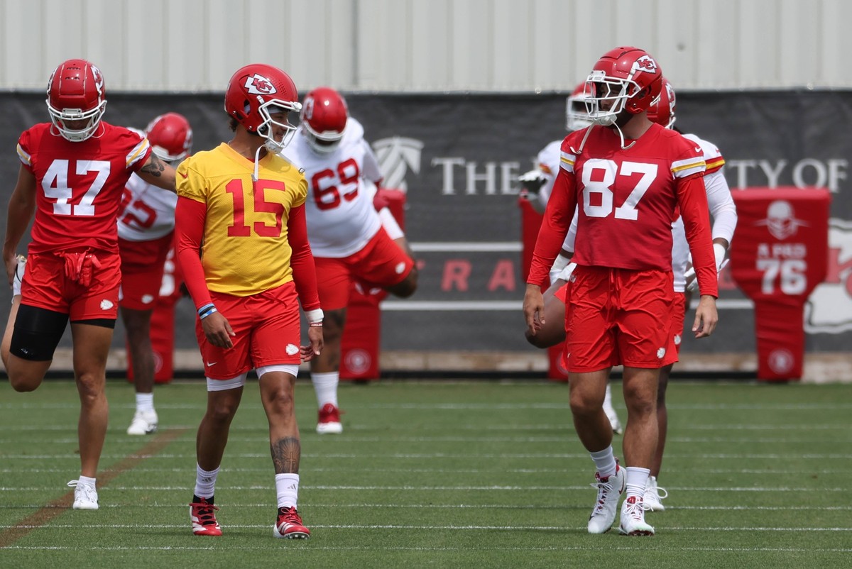 KANSAS CITY, MO - MAY 30: Kansas City Chiefs quarterback Patrick Mahomes 15 and tight end Travis Kelce 87 during OTAs on May 30, 2024 at the Chiefs practice facility in Kansas City, MO. Photo by Scott ...