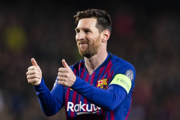 13.03.2019, xslx, Fussball Champions League, FC Barcelona Barca - Olympique Lyon emspor, v.l. Lionel Messi (FC Barcelona) Jubelt nach den Tor zum 1-0 (DFL/DFB REGULATIONS PROHIBIT ANY USE OF PHOTOGRAP ...