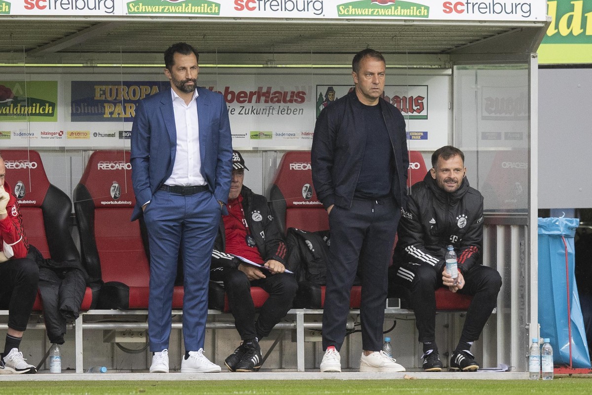 Fußball: Bundesliga, SC Freiburg - Bayern München, 33. Spieltag im Schwarzwald-Stadion. Münchens Trainer Hans-Dieter &quot;Hansi&quot; Flick (r) und Münchens Sportdirektor Hasan Salihamidzic (l) stehe ...
