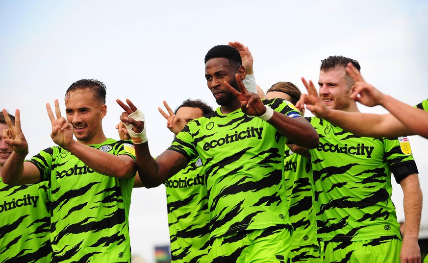 Mandatory Credit: Photo by Nizaam Jones/JMP/Shutterstock 12349218j Jamille Matt of Forest Green Rovers celebrates his goal after making it 3-2- Mandatory by-line: Nizaam Jones/JMP Forest Green Rovers  ...