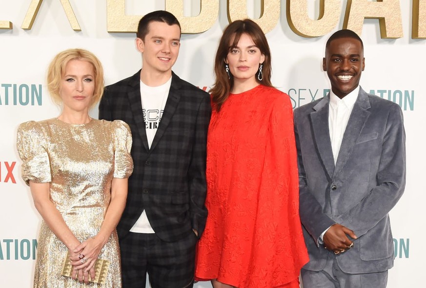 LONDON, ENGLAND - JANUARY 08: (L to R) Gillian Anderson, Asa Butterfield, Emma Mackey and Ncuti Gatwa attend the World Premiere of Netflix&#039;s &quot;Sex Education&quot; Season 2 at The Genesis Cine ...