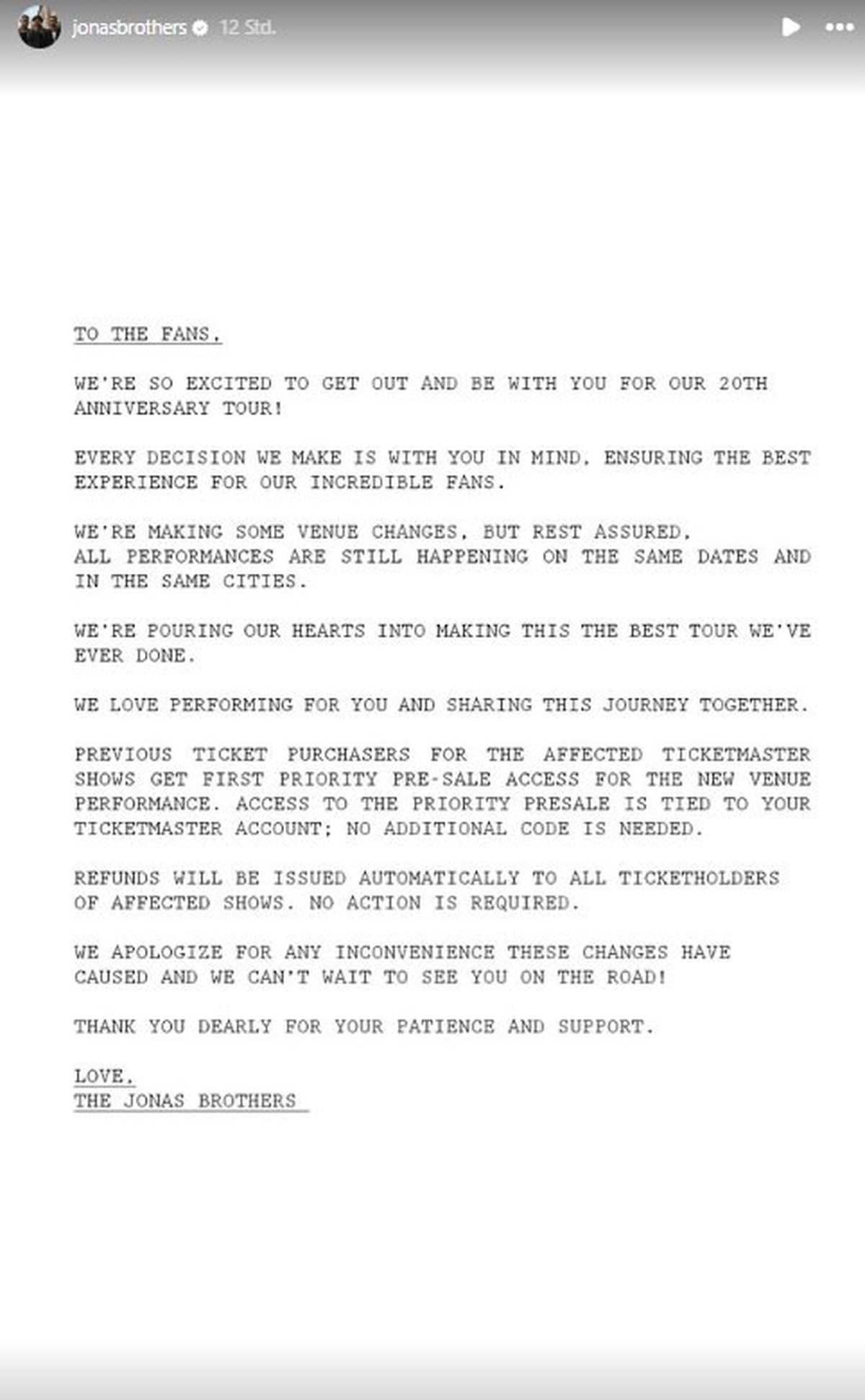 Die Jonas Brothers wenden sich an ihre Fans.