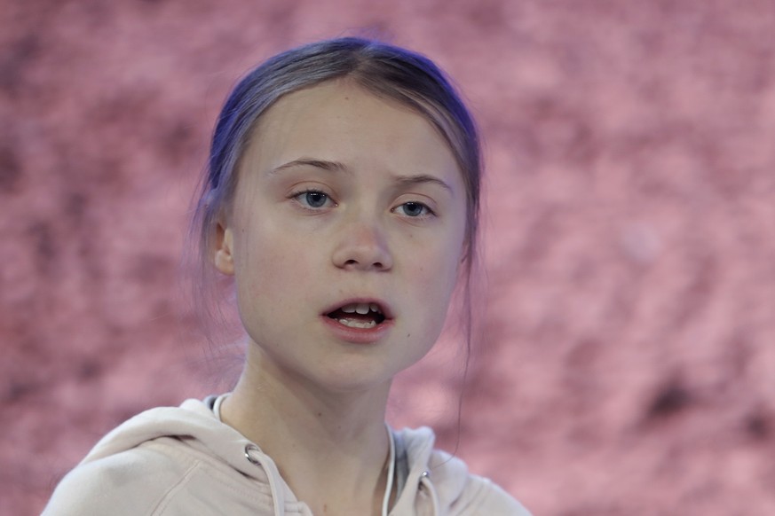 Swedish environmental activist Greta Thunberg addresses guests at the World Economic Forum in Davos, Switzerland, Tuesday, Jan. 21, 2020. The 50th annual meeting of the forum will take place in Davos  ...