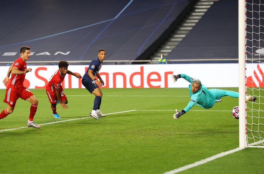 SPPORTUGAL-LISBON-FOOTBALL-UEFA CHAMPIONS LEAGUE-FINALS 200824 -- LISBON, Aug. 24, 2020 Xinhua -- Kingsley Coman 2nd L of FC Bayern Munich scores his team s first goal during the UEFA Champions League ...