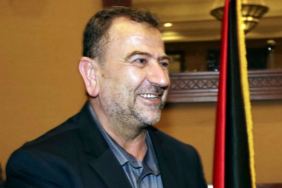 FILE - This photo released by the Hamas Media Office shows deputy Saleh Arouri upon his arrival in in Gaza City from Cairo, Egypt, Thursday, Aug. 2, 2018. The TV station of Lebanon&#039;s Hezbollah gr ...