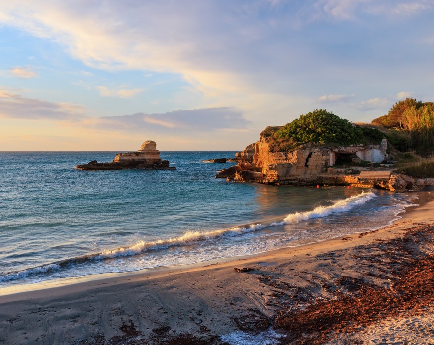 Beach Torre Sant&#039;Andrea and islet Scoglio the Tafaluro, Otranto region, Salento Adriatic sea coast, Puglia, Italy Model Released Property Released xkwx dusk sunset sunrise landscape view clouds s ...