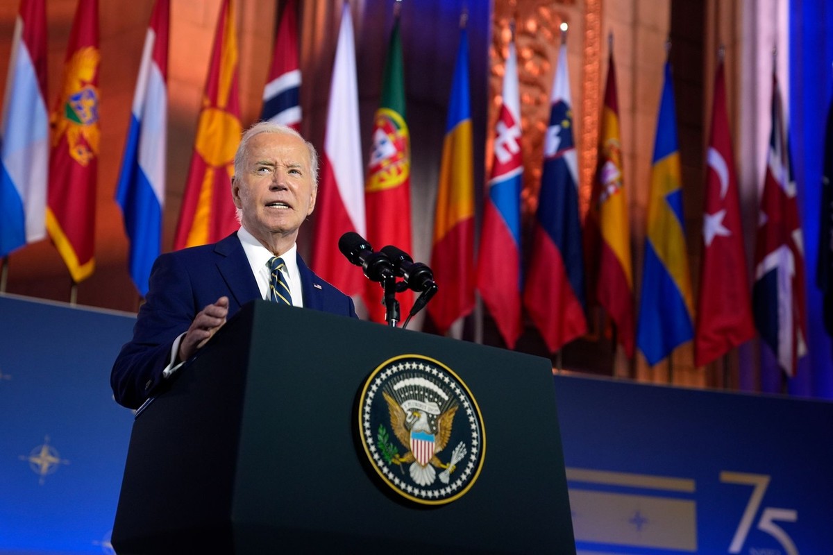 President Joe Biden delivers remarks on the 75th anniversary of NATO at the Andrew W. Mellon Auditorium, Tuesday, July 9, 2024, in Washington. (AP Photo/Evan Vucci)