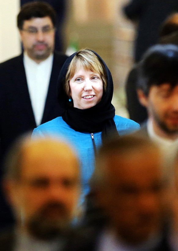 epa04116530 European Union High Representative for Foreign Affairs Catherine Ashton arrives for a joint press conference with Iranian Foreign Minister Mohammad Javad Zarif (Unseen) in Tehran, Iran, 09 ...