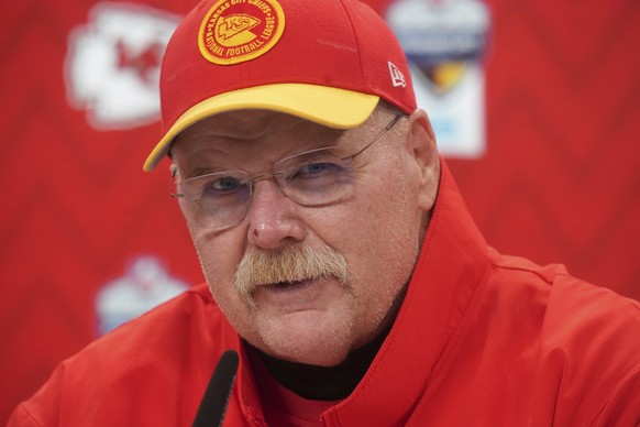 Kansas City Chiefs head coach Andy Reid speaks during a news conference following an NFL football game Sunday, Nov. 5, 2023, in Frankfurt, Germany. The Chiefs won 21-14. (AP Photo/Michael Probst)