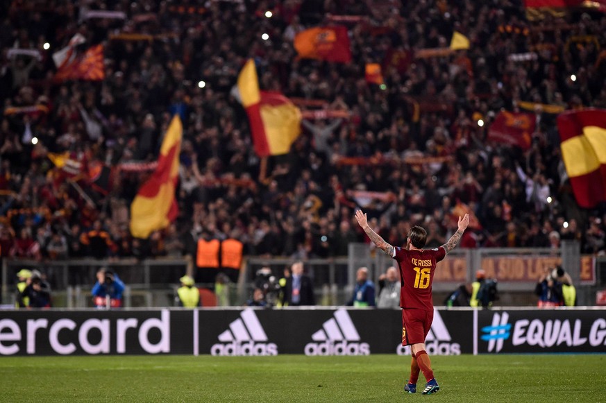 April 10, 2018 - Rome, Italy - Daniele De Rossi of Roma celebrates the victory at the end of the UEFA Champions League Quarter Final match between Roma and FC Barcelona Barca at Stadio Olimpico, Rome, ...