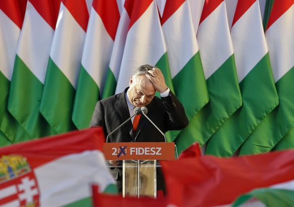 Prime Minister Viktor Orban&#039;s pauses while delivering a speech during the final electoral rally of his Fidesz party in Szekesfehervar, Hungary, Friday, April 6, 2018. Hungarians will vote Sunday  ...