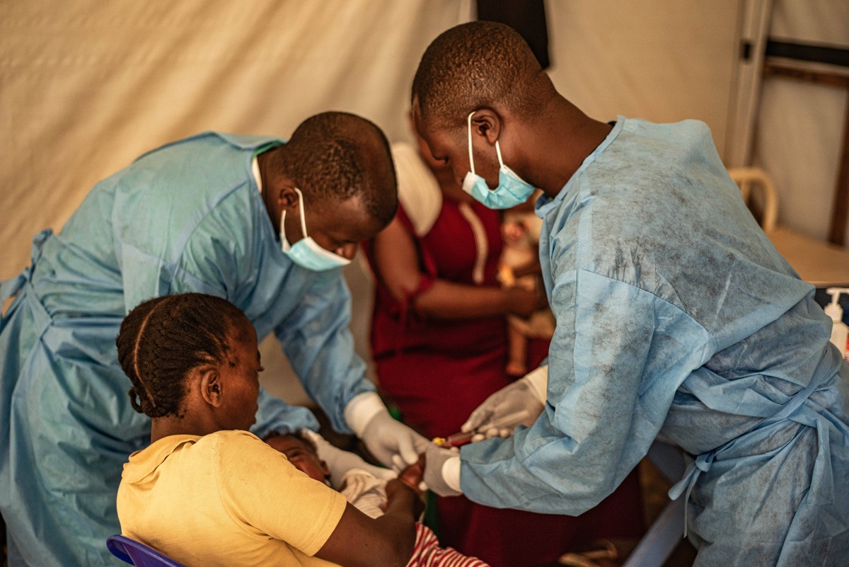 240815 -- NYIRAGONGO DRC, Aug. 15, 2024 -- A child caught mpox gets treatment at a hospital in the Nyiragongo territory near Goma, North Kivu province, eastern Democratic Republic of the Congo DRC, on ...