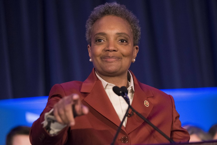 April 2, 2019 - Chicago, IL, USA - Mayoral elect Lori Lightfoot giving her victory speech to supports at the Chicago Hilton. Ms. Lightfoot is Chicagos first African American women Mayor. Chicago USA P ...