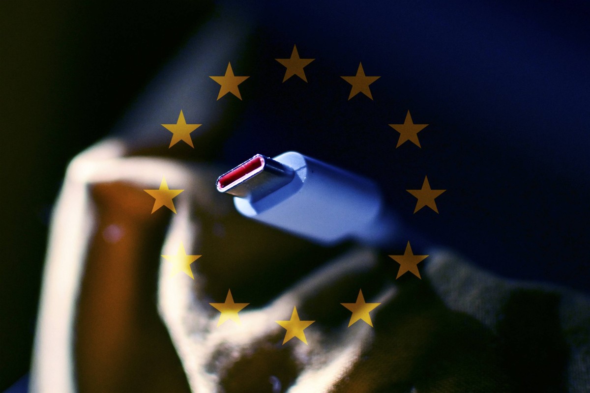 December 27, 2024, Cours-La-Ville, Auvergne-Rhone-Alpes, France: The European flag superposed on a picture showing a USB type-C cable in Cours, France, on December 27, 2024. From Saturday, December 28 ...