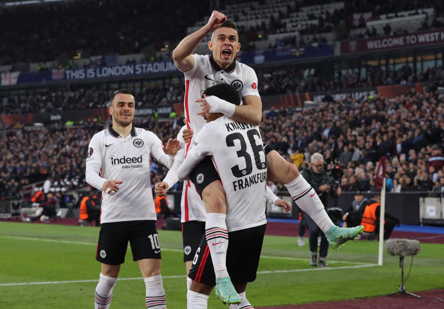 London, England, 28th April 2022. Ansgar Knauff of Eintracht Frankfurt celebrate scoring the first goal during the UEFA Europa League match at the London Stadium, London. Picture credit should read: P ...