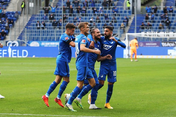 27.09.2020, xtvx, Fussball 1.Bundesliga, TSG 1899 Hoffenheim - FC Bayern Muenchen emspor, v.l. Goal scored, Tor zum 1:0 Ermin Bicakcic TSG 1899 Hoffenheim Torjubel, Goal celebration, celebrate the goa ...