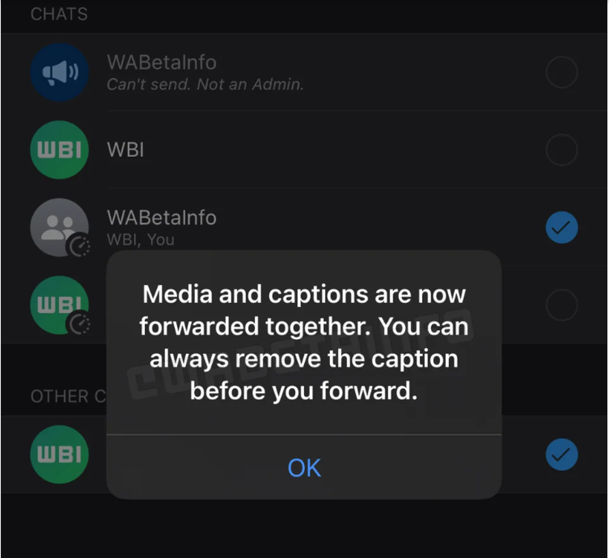 Wer bei Medien mit Text auf den Weiterleiten-Button in Whatsapp klickt, erhält eine Warnung.