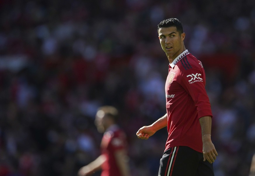 Manchester United&#039;s Cristiano Ronaldo looks on, during a pre-season friendly match between Manchester United and Rayo Vallecano, at Old Trafford, Manchester, Sunday July 31, 2022. (Dave Thompson/ ...