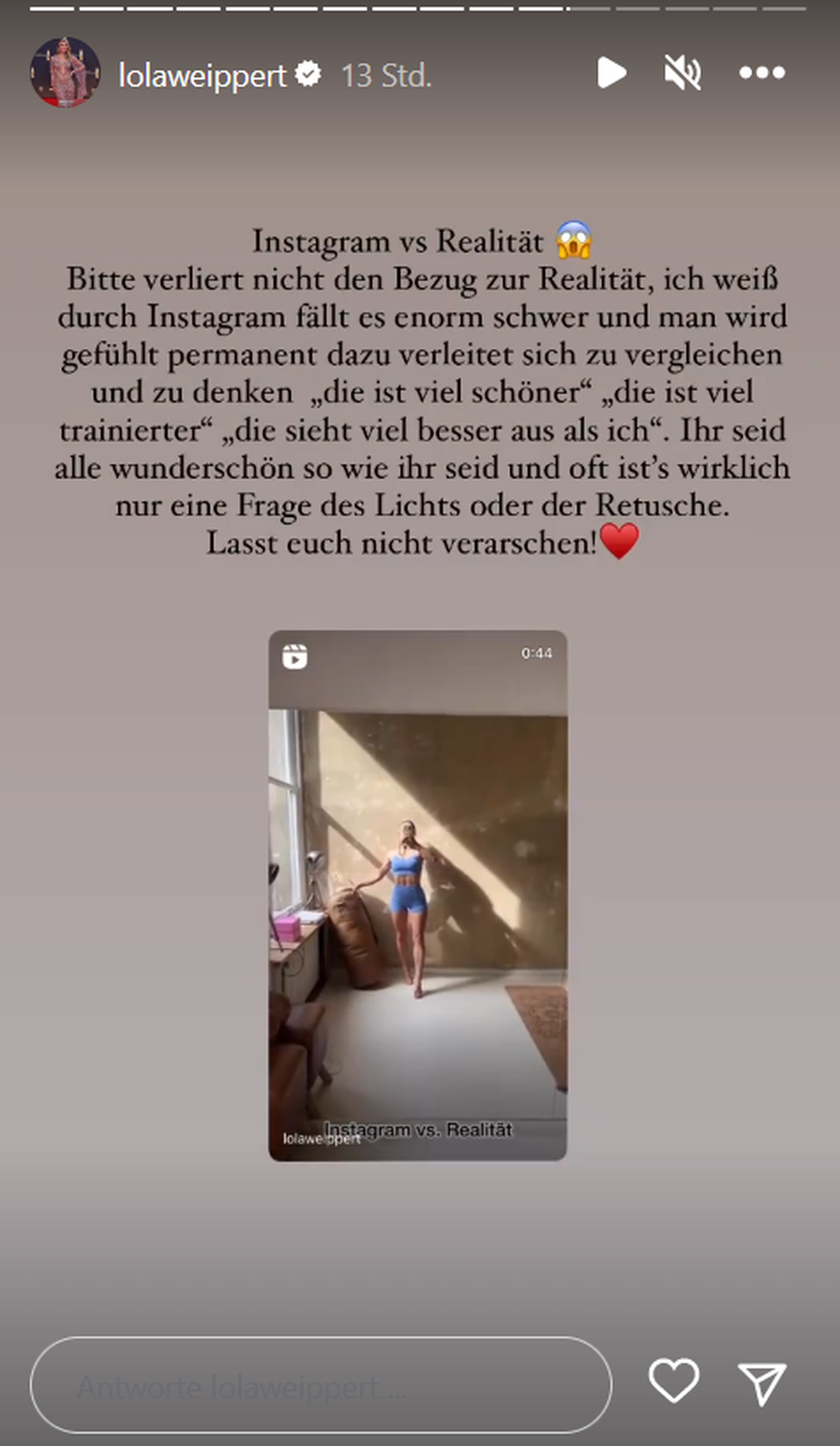 Lola Weippert zeigte sich auf Instagram ohne Körperanspannung.
